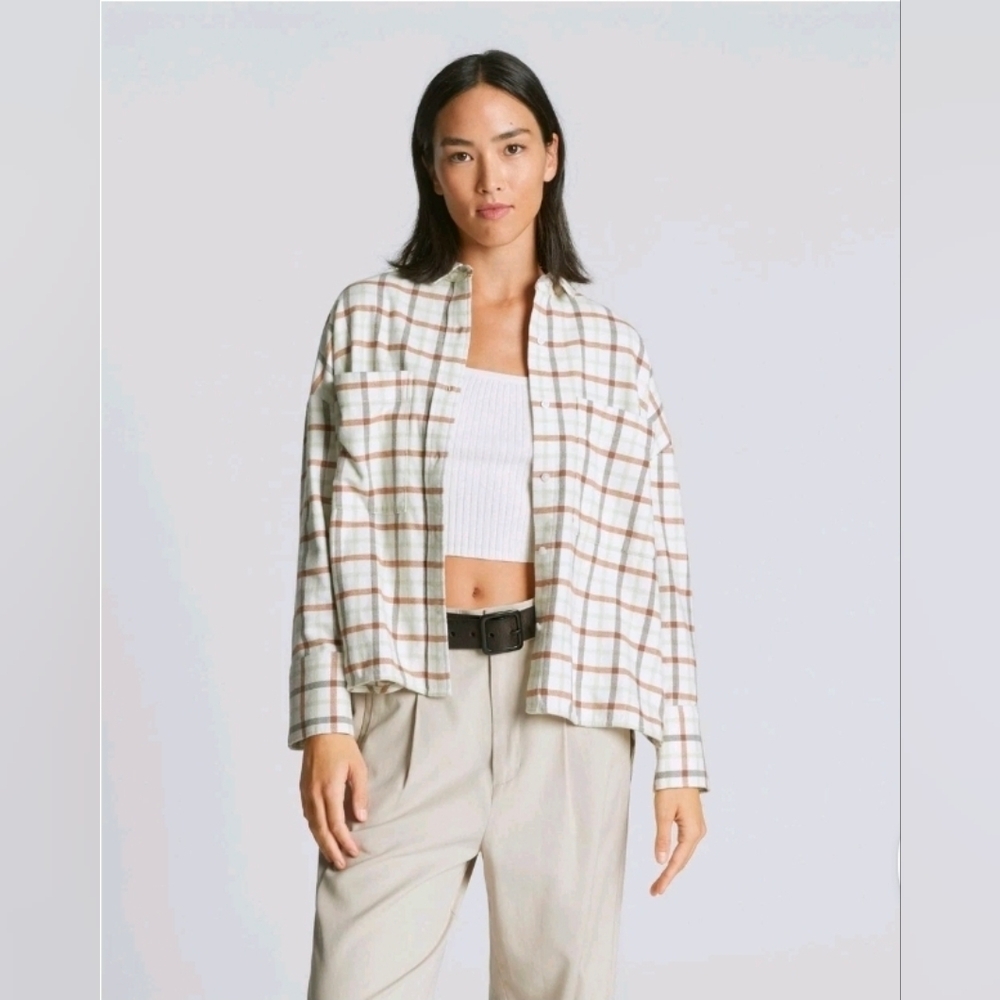 NWT Everlane The Boxy Flannel Shirt Womens  Cream Plaid Size XS